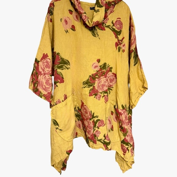 Made in Italy Linen Oversized Floral Cowl Neck Hoodie Tunic Top Yellow Pink - Picture 6 of 10